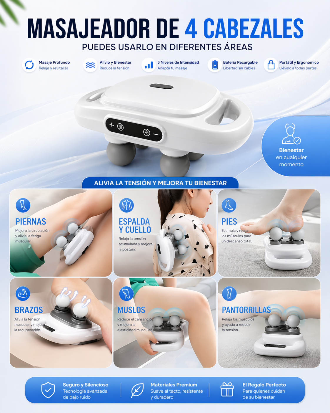 💆‍♀️ Masajeador Eléctrico 4 Cabezales 360° – Relajación Profunda en Casa+ ENVÍO GRATIS 🚚
