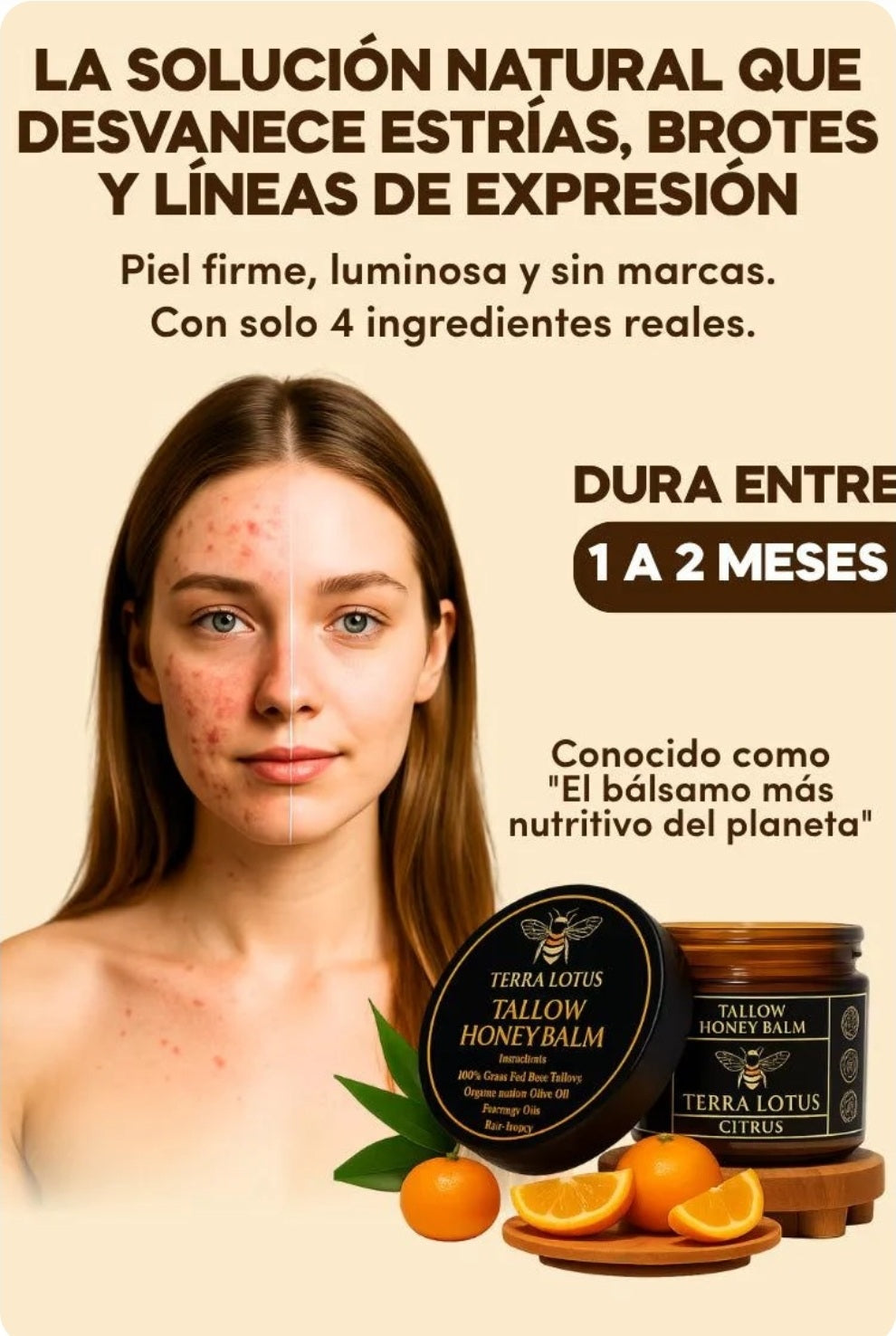 Bálsamo Orgánico de Sebo de Res y Miel-Elimina estrías, acné y líneas de expresión en segundos