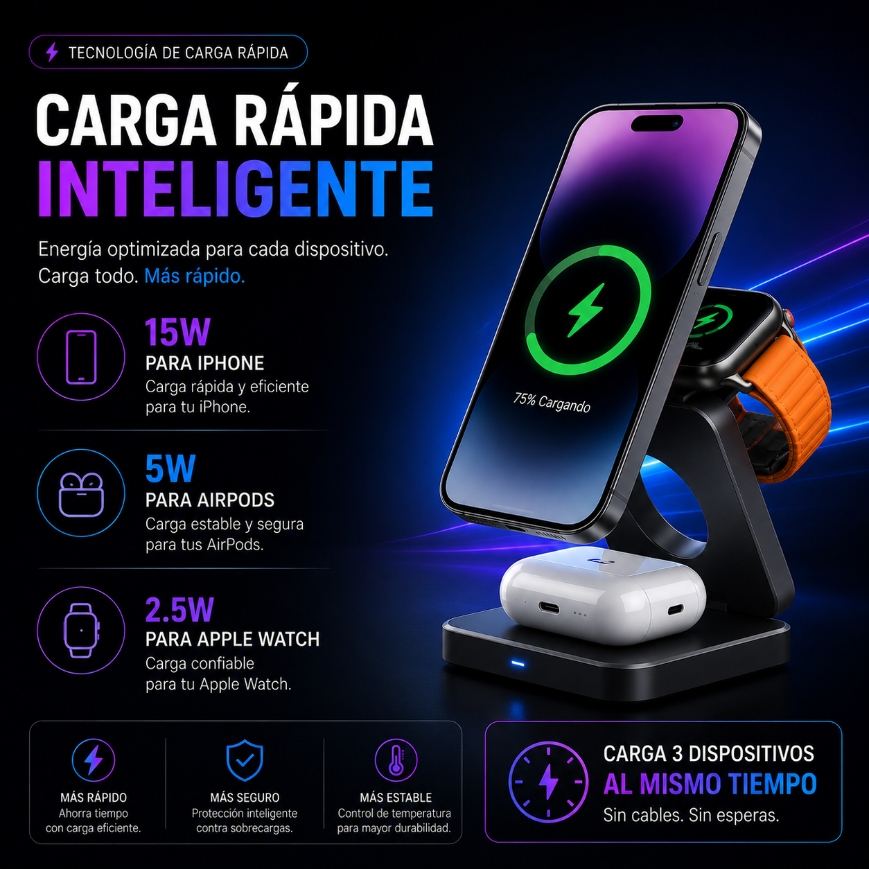Cargador 3 EN 1 inalámbrico MagSafe para Apple+ ENVÍO GRATIS 🚚