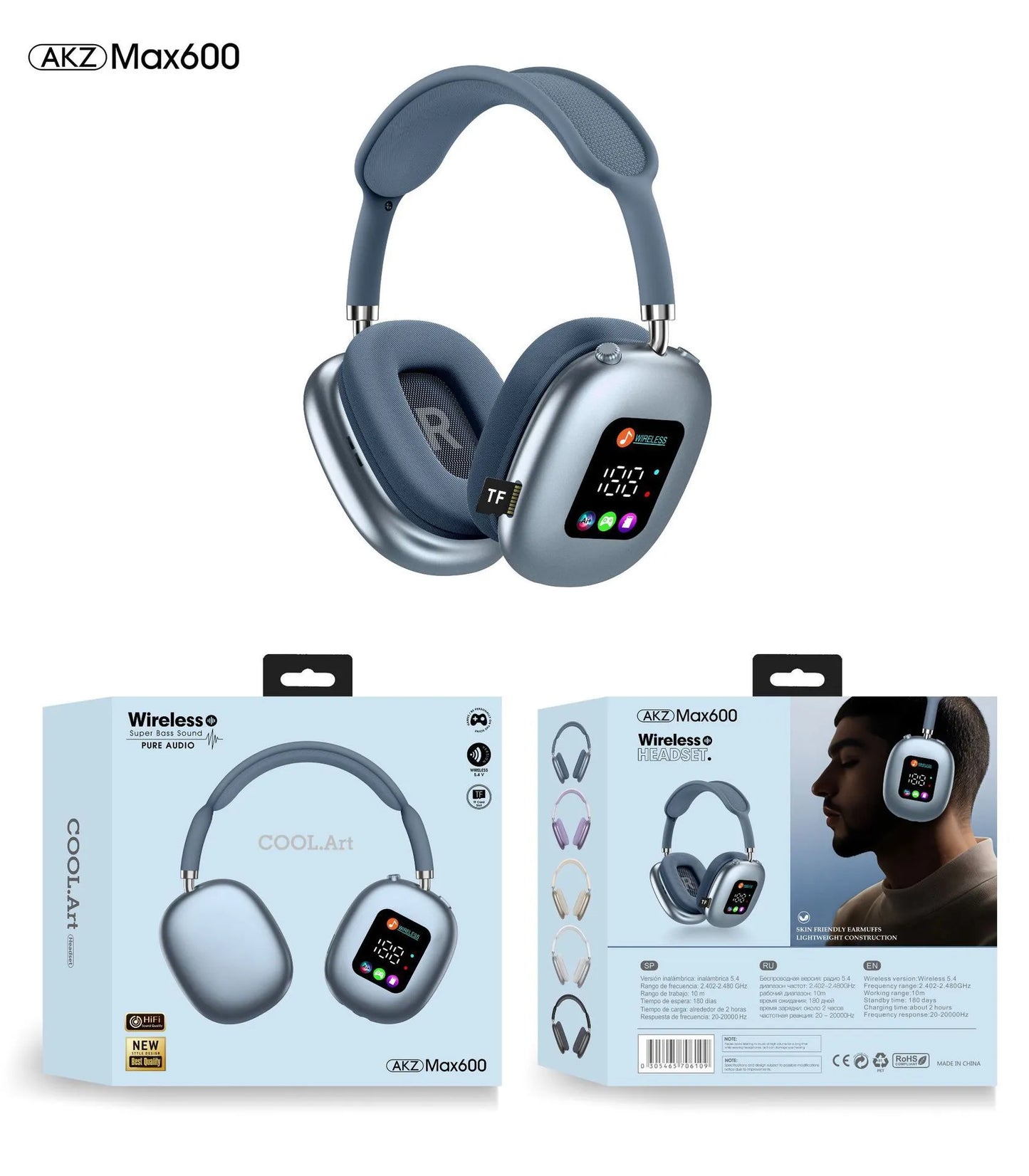 Akz Max600 Auriculares Inalámbricos Over-Ear con Pantalla Digital