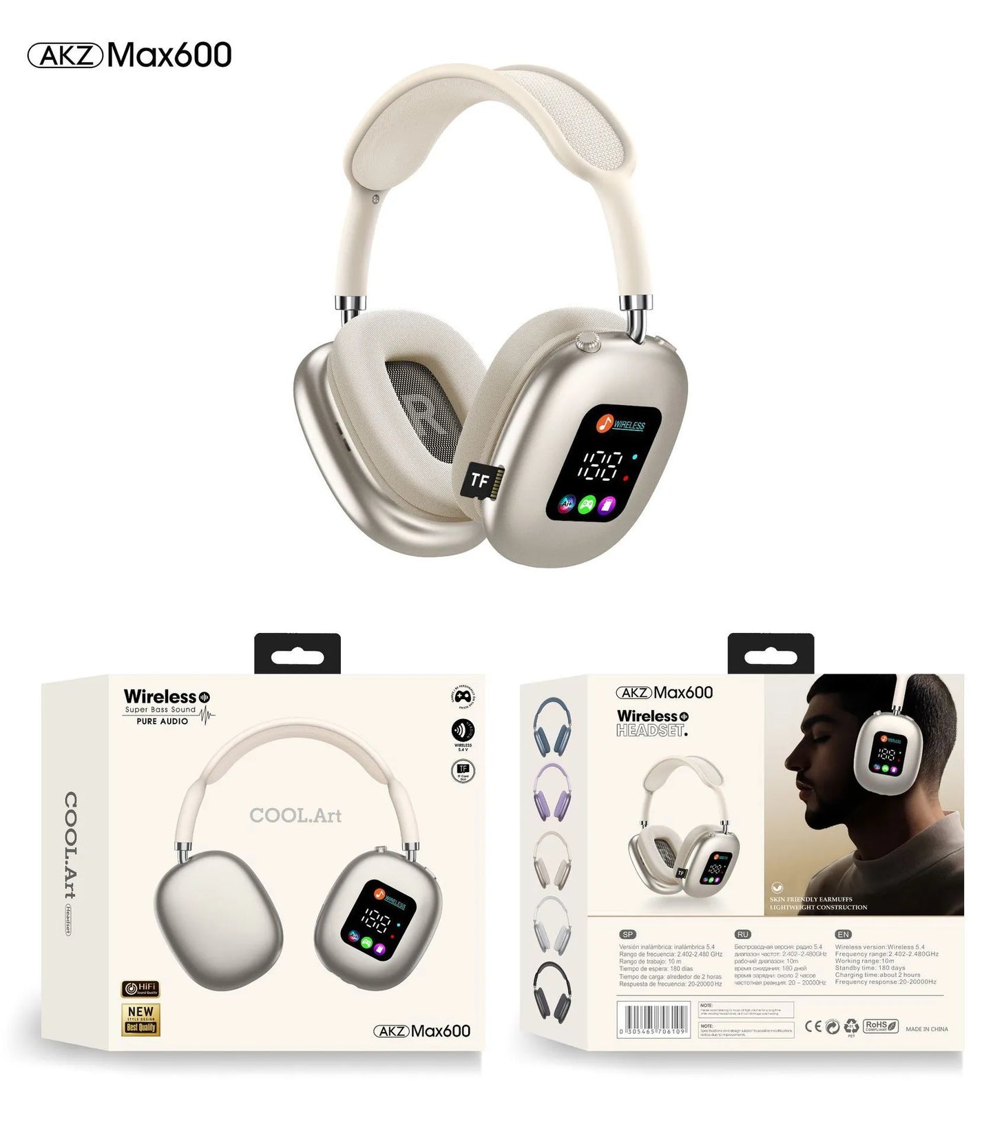 Akz Max600 Auriculares Inalámbricos Over-Ear con Pantalla Digital