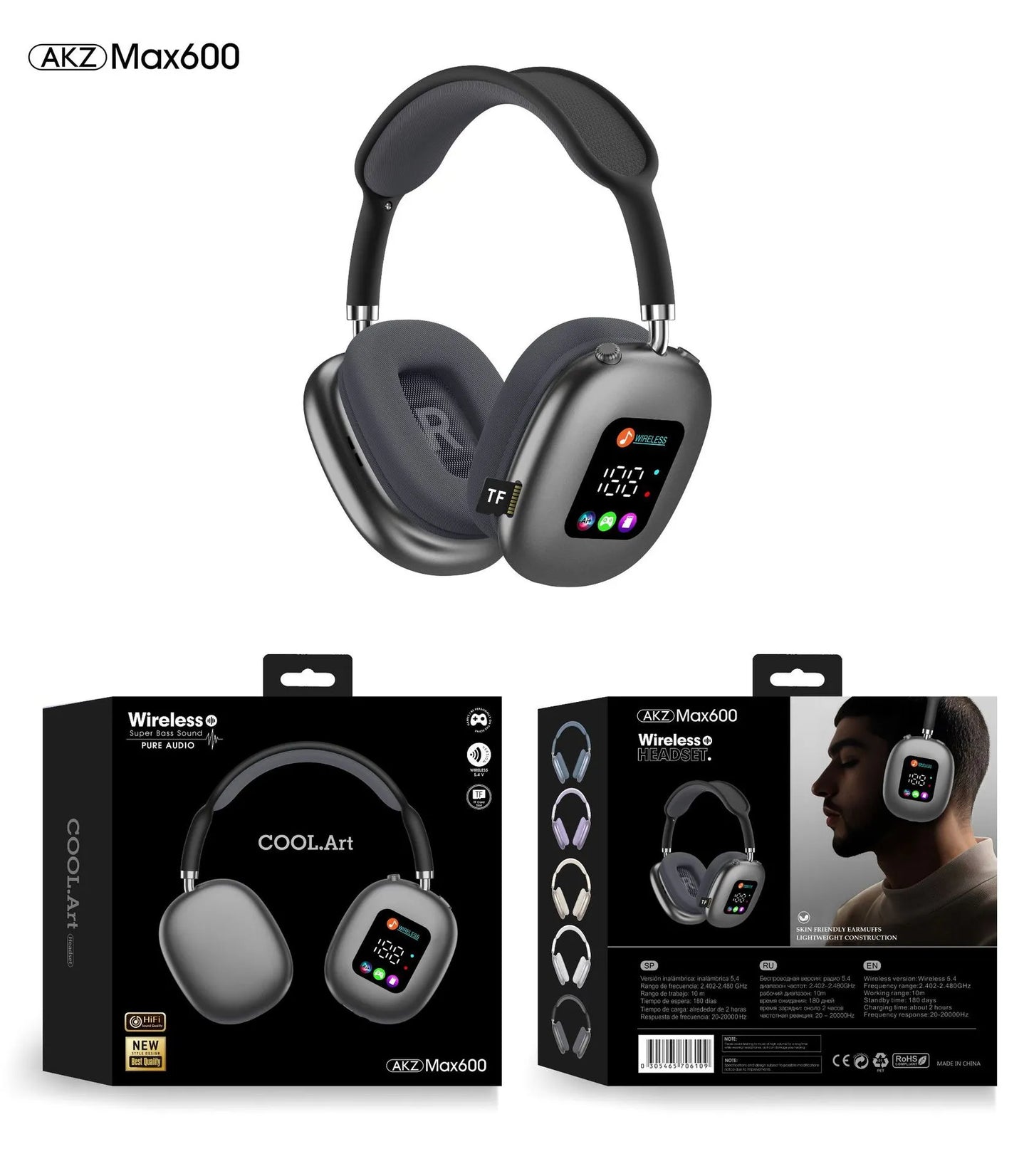 Akz Max600 Auriculares Inalámbricos Over-Ear con Pantalla Digital