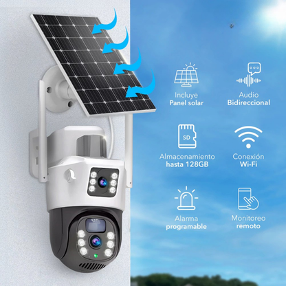 Cámara Solar 2K Doble lente 360-Conexión 24/7 sin electricidad