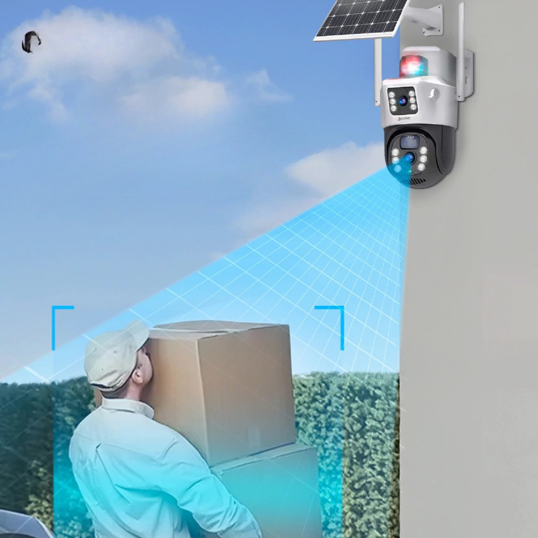 Cámara Solar 2K Doble lente 360-Conexión 24/7 sin electricidad