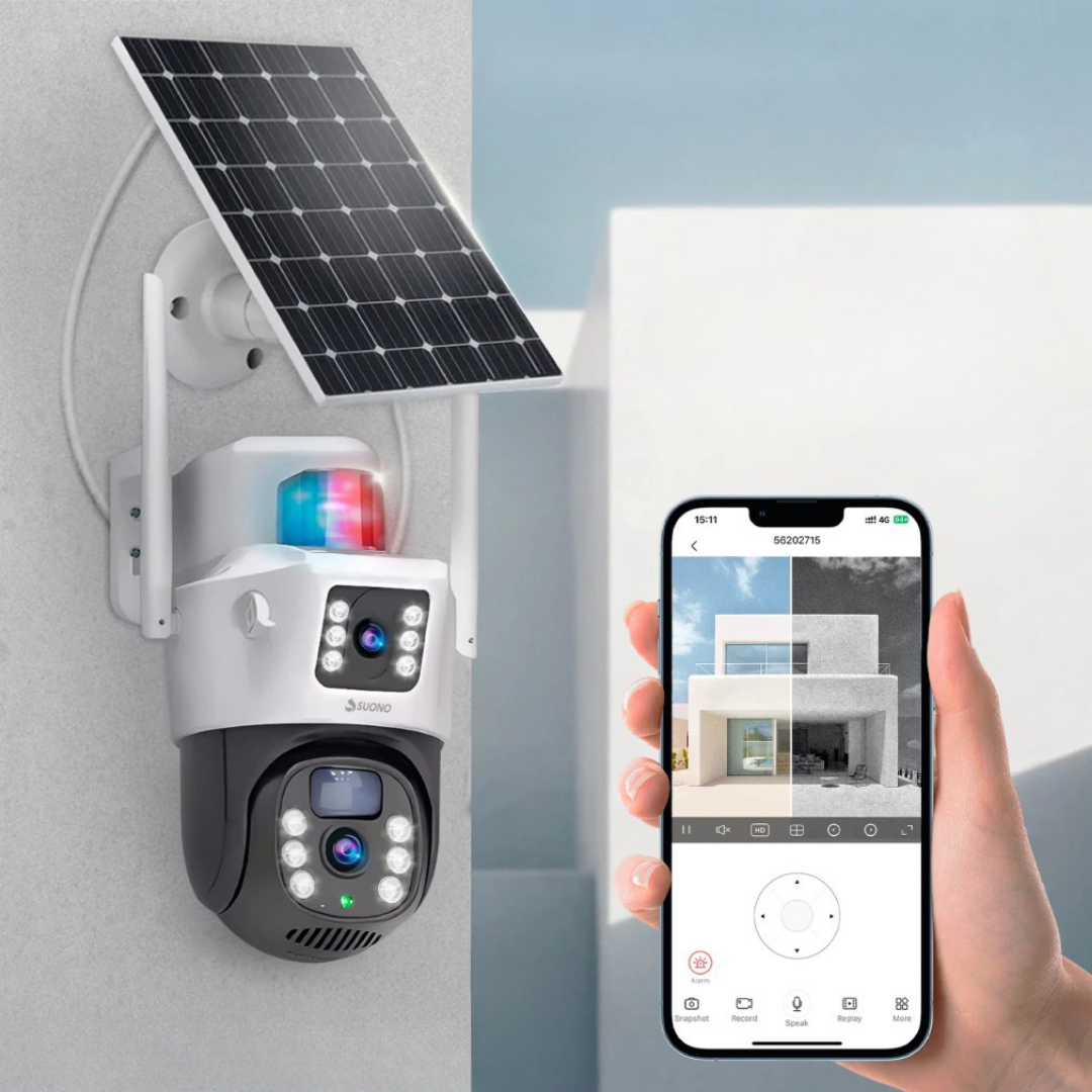 Cámara Solar 2K Doble lente 360-Conexión 24/7 sin electricidad