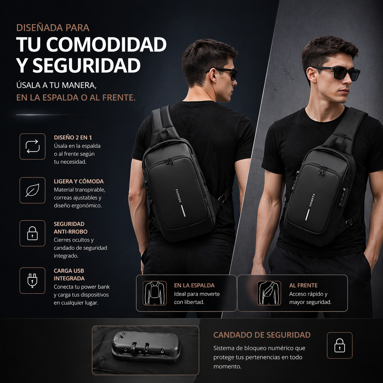 BOLSO ANTIRROBO CON CARGA USB+BLOQUEO