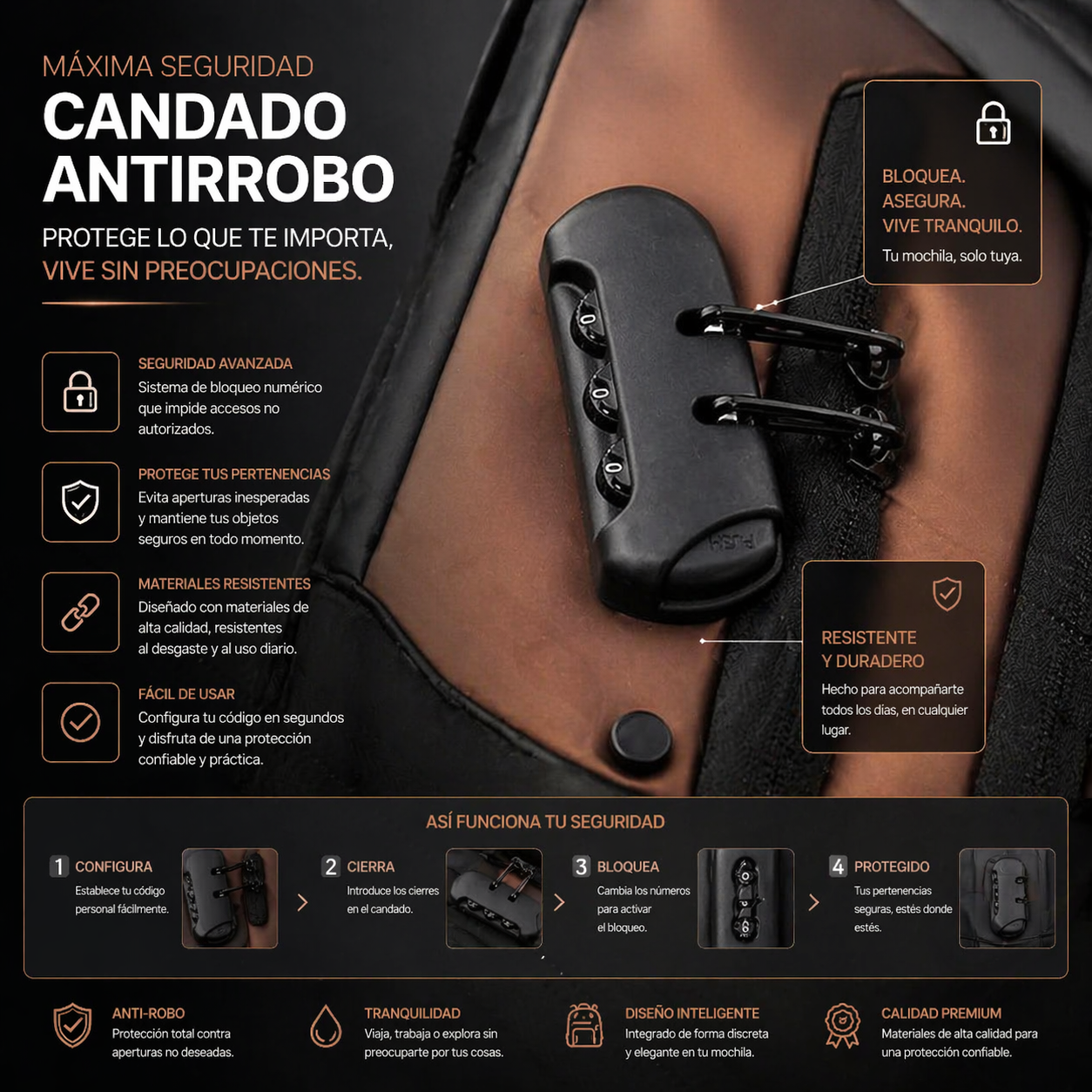 BOLSO ANTIRROBO CON CARGA USB+BLOQUEO